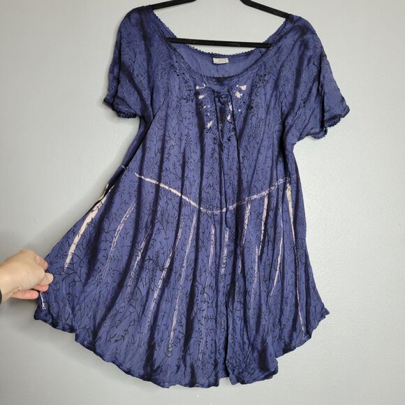 Advance Apparel Womens Plus One Size Fairy Embroidered Blouse Short Sleeve Pleat - Picture 2 of 8